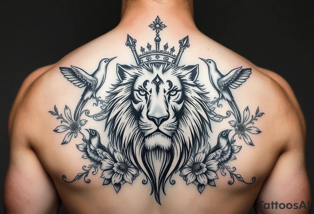 powerful majestic lion with a crown, surrounded by floral ornaments and birds tattoo idea