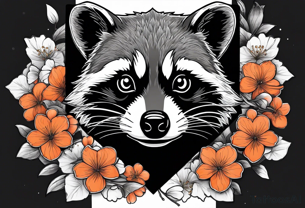 Raccoon wearing a white Superman logo on a black hoodie and orange Japanese cherry blossoms beside tattoo idea