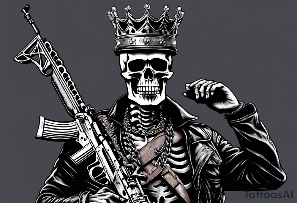 image of a skeleton standing frontally with a crown on his head, holding an AK-47 on his shoulder with his right hand. The chain on the left should be taut, there are three angry barking Dobermans in it, near the waist tattoo idea