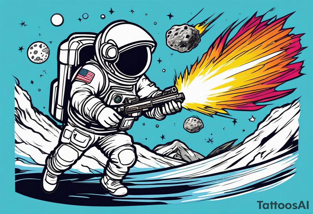 Astronaut laser blasting a asteroid, far away tattoo idea