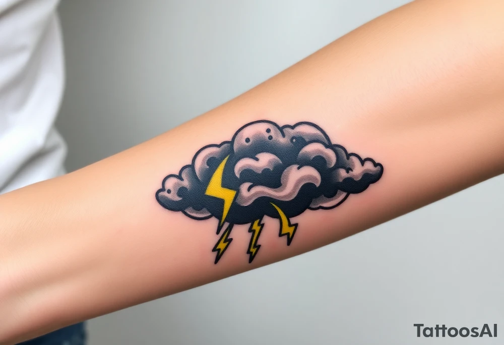 Black dark menacing storm clouds with eerie yellow lightning bolts tattoo idea