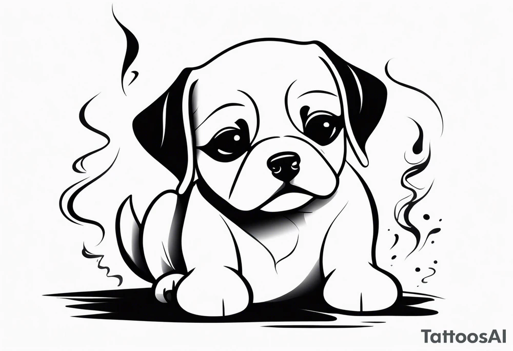 A sketch of a cute dog with large, sad eyes, sitting and smoking a cigarette, with smoke swirling around its head tattoo idea