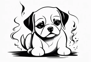 A sketch of a cute dog with large, sad eyes, sitting and smoking a cigarette, with smoke swirling around its head tattoo idea