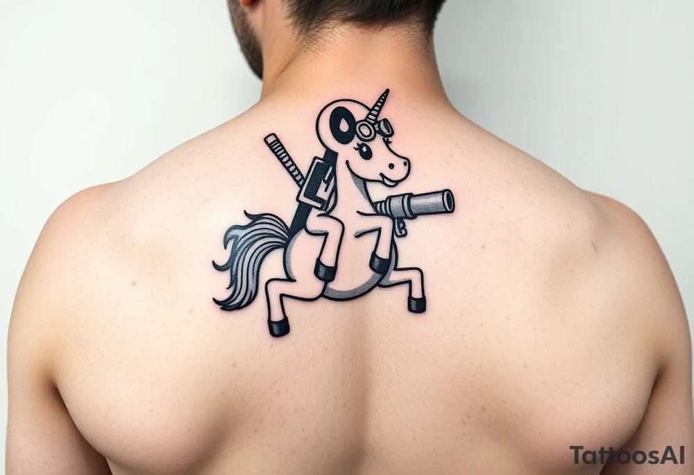 Deadpool riding cartoon unicorn holding rocket propelled grenade launcher tattoo idea
