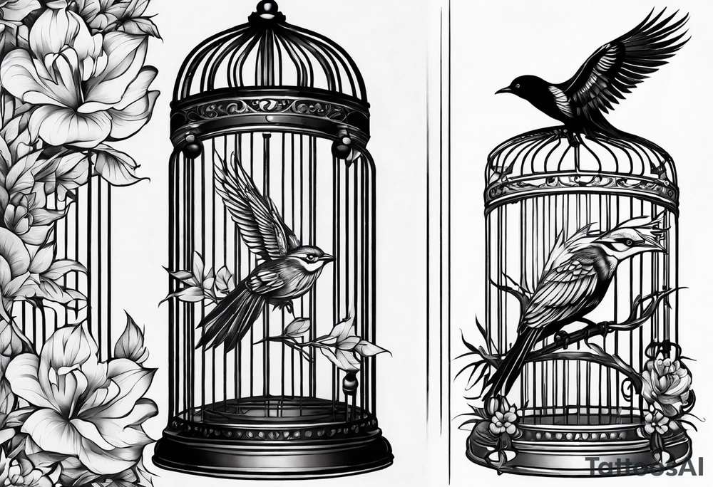 neo traditional decoration only on the left side, on the top of a long bird cage tattoo idea