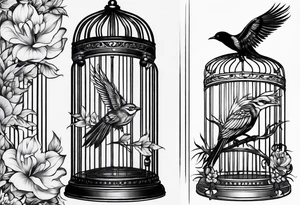 neo traditional decoration only on the left side, on the top of a long bird cage tattoo idea