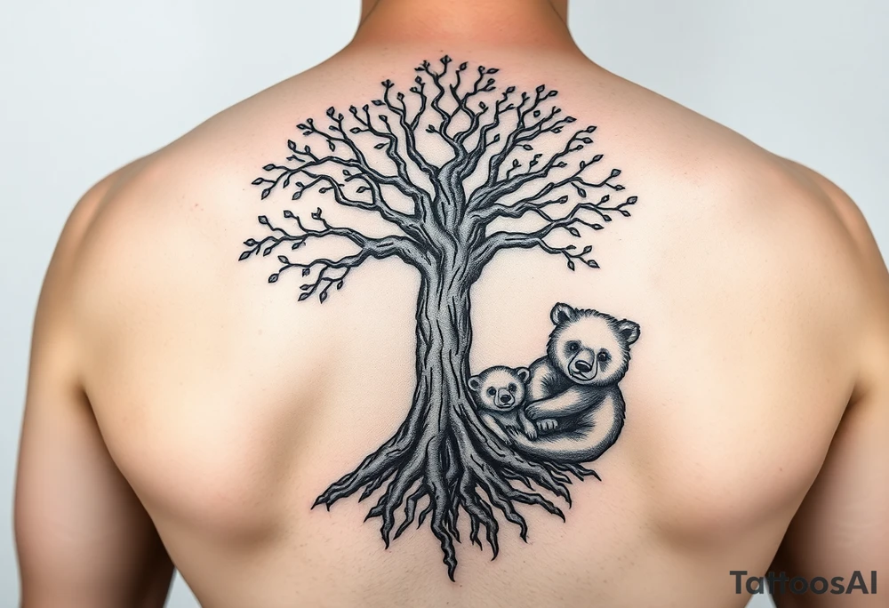 Tree of life with root detail and a mother bear with her cub tattoo idea