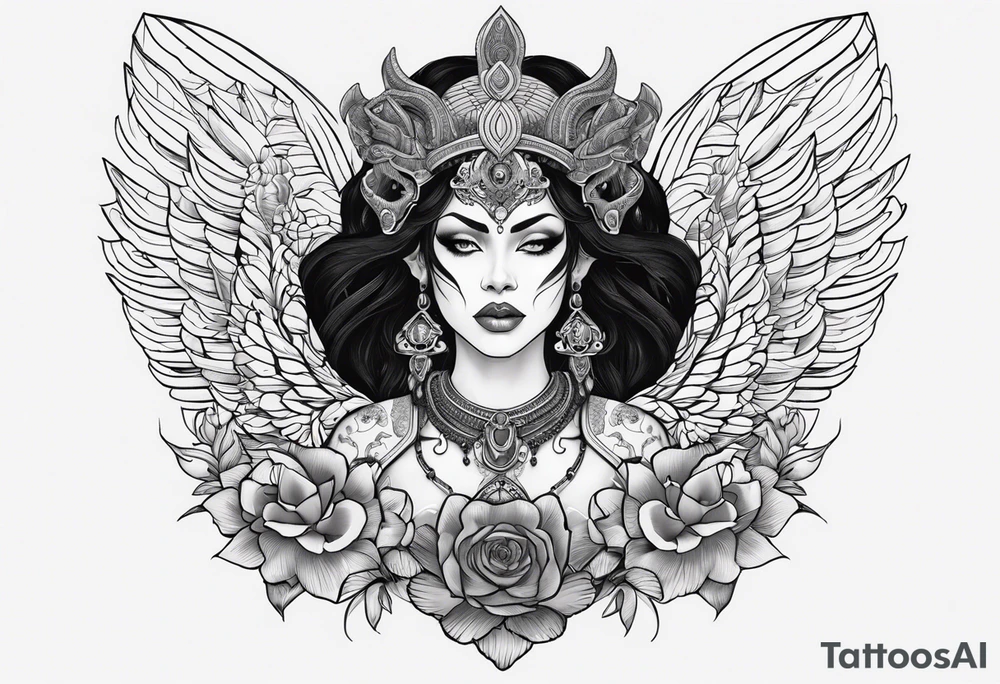kali ma, alien goddess, valkrye, aries, pirate, divine feminine, zenza resonance, pachamama, lotus azul, blank panther, eagle, skull, 5D, nueva gaya, dna 12, left side chest tatoo tattoo idea