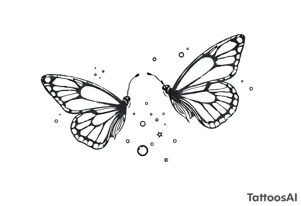 Simple minimalist outline of butterflies with lots of sparkles and bubbles tattoo idea