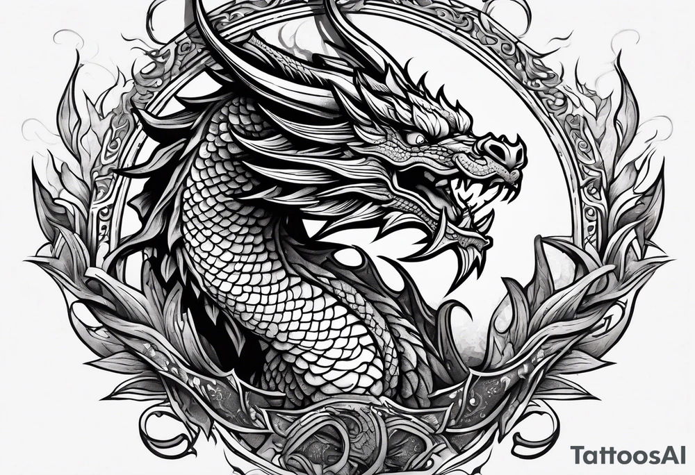 An ornate dragon breathing fire, with intricate scales and a fierce expression, symbolizing power and protection.” tattoo idea