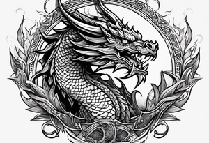 An ornate dragon breathing fire, with intricate scales and a fierce expression, symbolizing power and protection.” tattoo idea