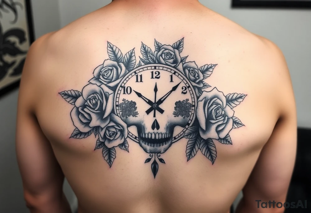 Clock face 11:43 as set time. With roses and skull tattoo idea