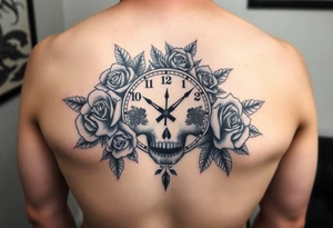 Clock face 11:43 as set time. With roses and skull tattoo idea