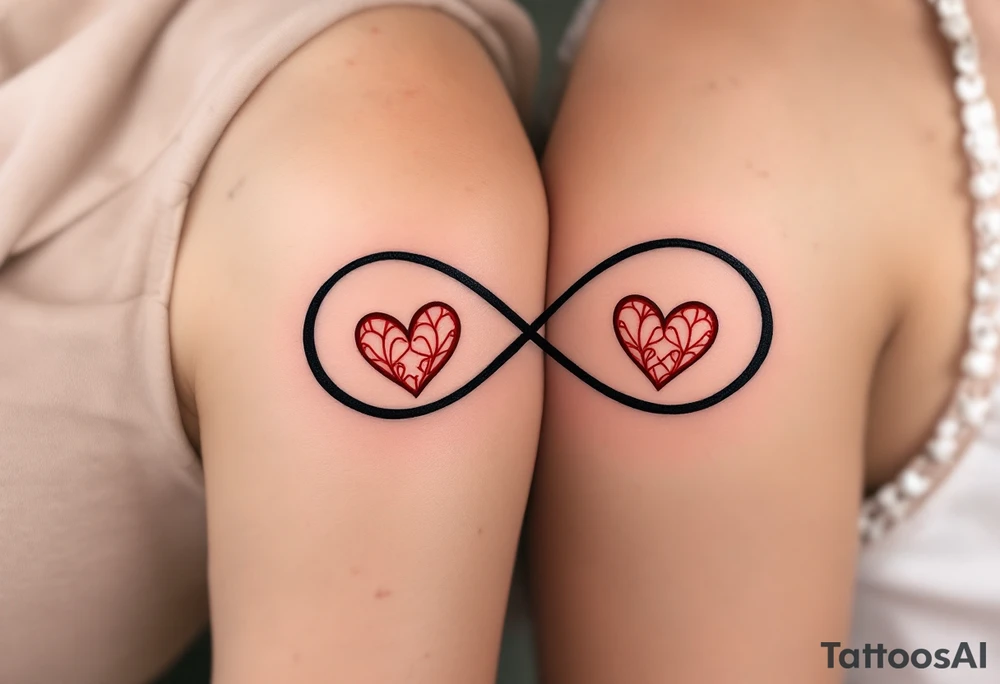 A matching couple’s design: black infinity loops with mirrored crimson hearts in the center. tattoo idea