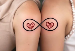 A matching couple’s design: black infinity loops with mirrored crimson hearts in the center. tattoo idea