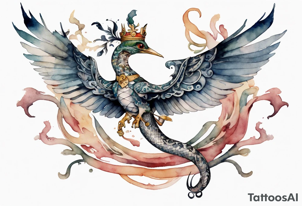 a watercolor of a bird-serpent hybrid wearing an iron crown, flying tattoo idea