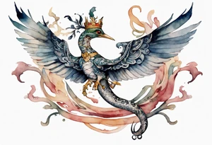 a watercolor of a bird-serpent hybrid wearing an iron crown, flying tattoo idea