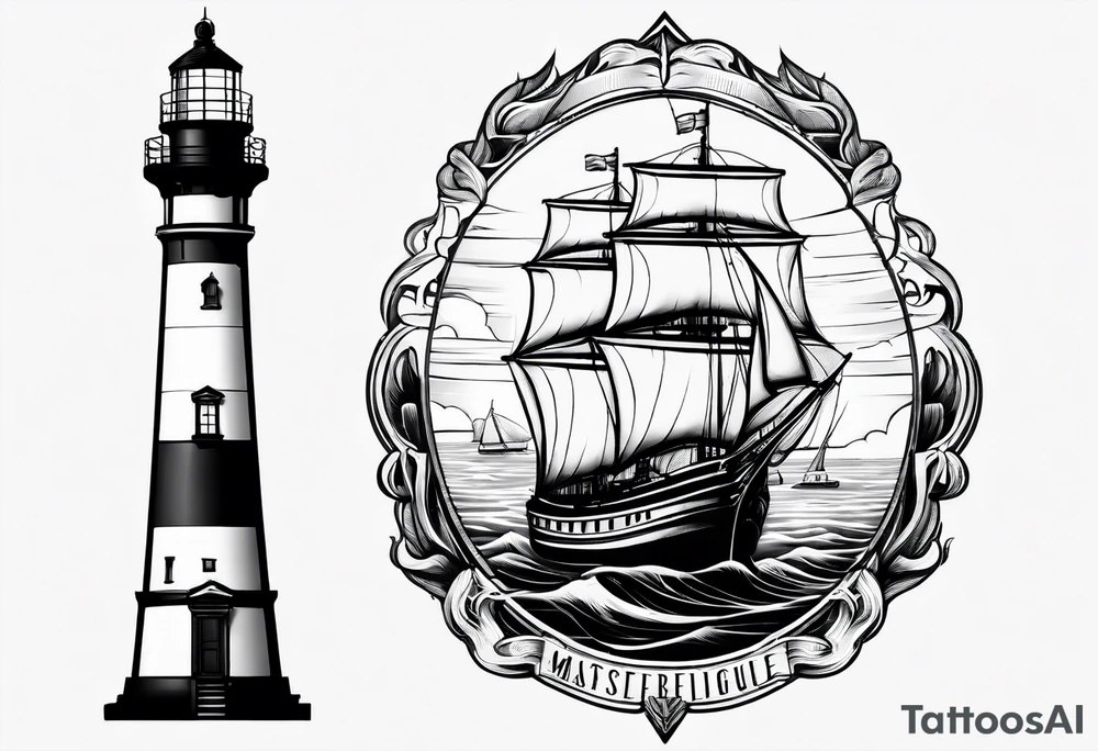 maritime lighthouse in a front view sailboat serving as a mast for a sail. tattoo idea