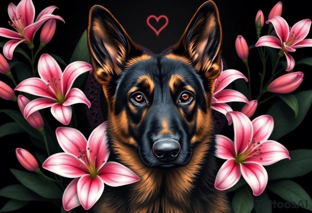 realistic german shepherd with alert ears looking protective surrounded by pink lilies with large leaves in front of a sacred heart tattoo idea