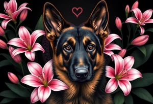 realistic german shepherd with alert ears looking protective surrounded by pink lilies with large leaves in front of a sacred heart tattoo idea