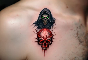 A black-and-gray Reaper with deep green eyes standing atop a pile of glowing red skull tattoo idea