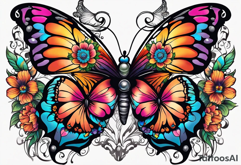 butterfly with half the wings covered in colorful bright flowers, the other half normal butterfly design but looks like a skull in the wing design tattoo idea