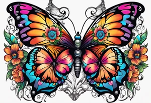 butterfly with half the wings covered in colorful bright flowers, the other half normal butterfly design but looks like a skull in the wing design tattoo idea