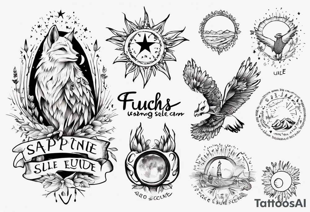 Fuchs und Eule unter der Sonne mit dem Schriftzug Sapere Aude tattoo idea