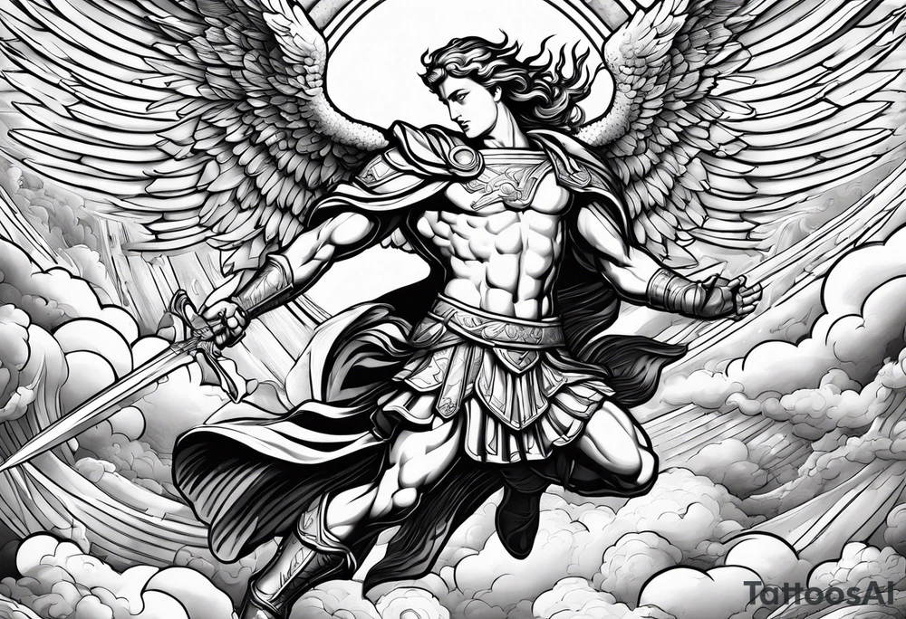 archangel Michael beating Lucifer in a fight with the background being clouds and lightning tattoo idea