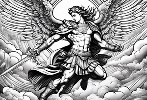 archangel Michael beating Lucifer in a fight with the background being clouds and lightning tattoo idea