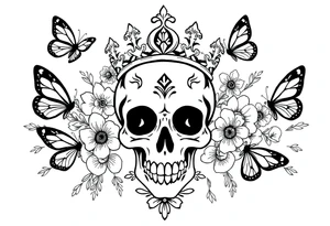 ornate skull adorned with gothic crown surrounded by boho flowers and butterflies tattoo idea