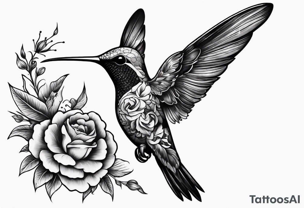 hummingbird, skull, flower, storm clouds tattoo idea
