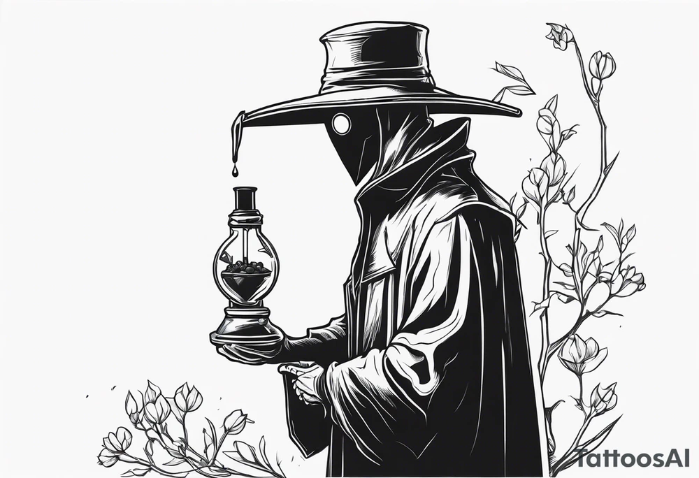 plague doctor with a skeleton hand holding medicine tattoo idea