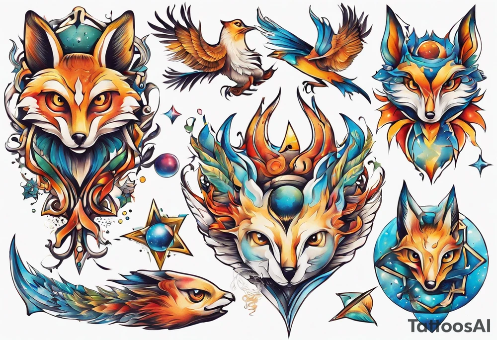 fisch, fuchs und eule , symetrie universum, bunt tattoo idea