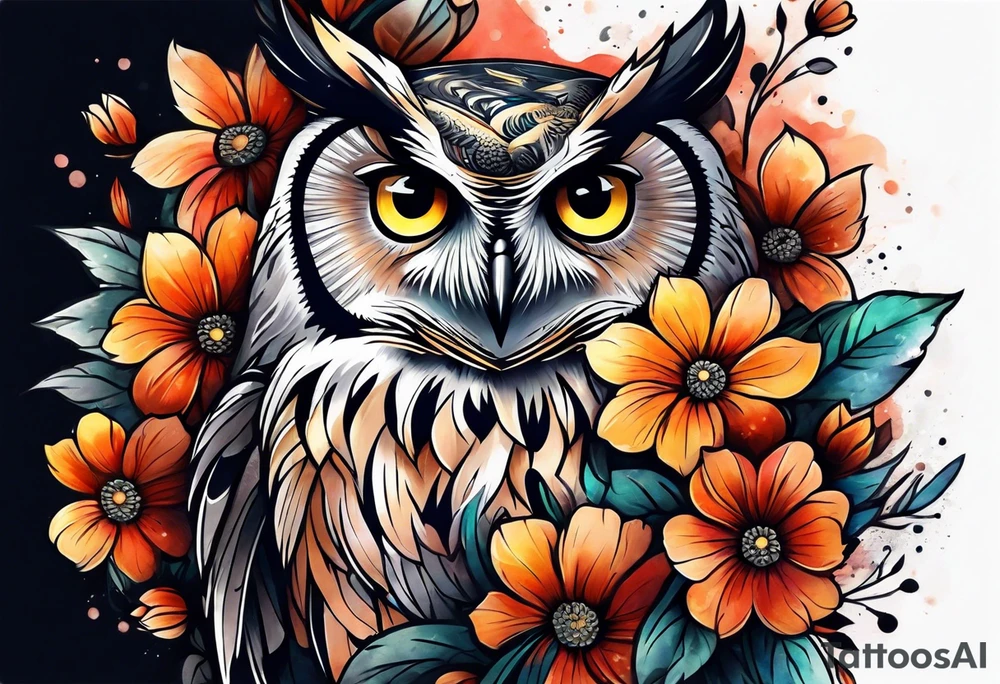 Owl and flowers full arm sleeve tattoo idea