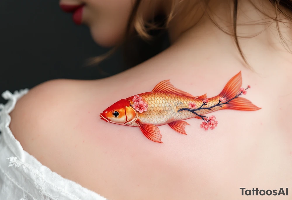 A carp swimming beneath a branch of cherry blossoms, combining nature’s beauty with soft pinks and golden scales. tattoo idea
