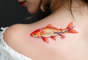 A carp swimming beneath a branch of cherry blossoms, combining nature’s beauty with soft pinks and golden scales. tattoo idea