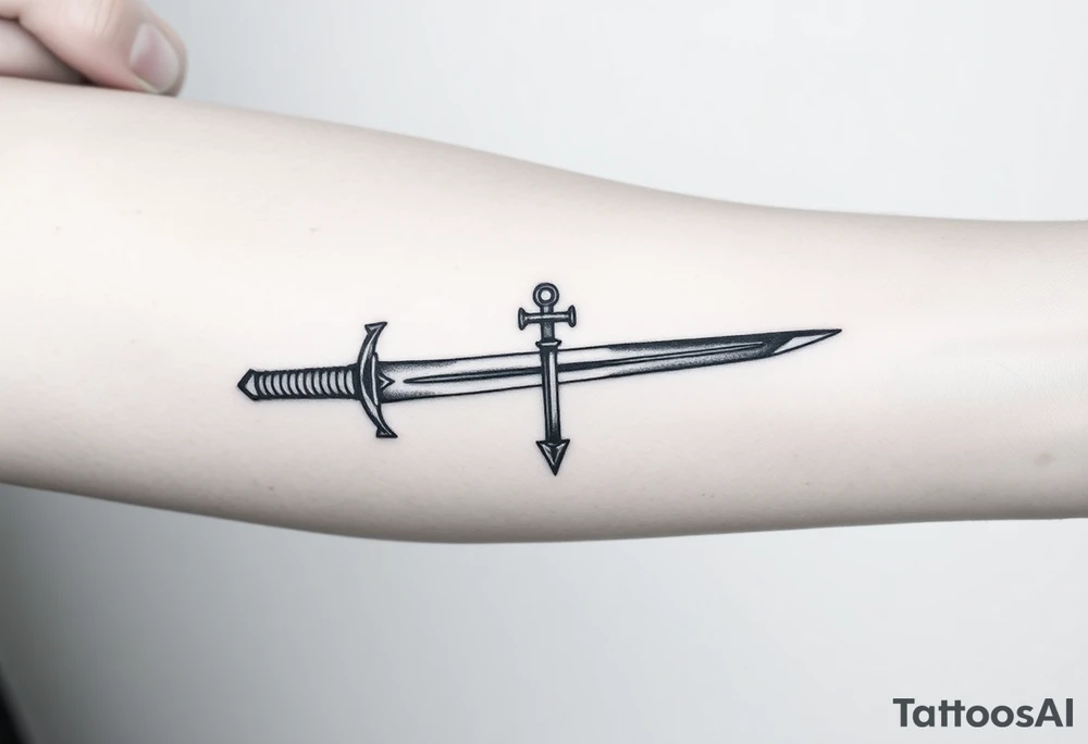 Two swords laying flat on each other with a decent design on them and with a cross or something on the handle of them I want the swords to be straight tattoo idea