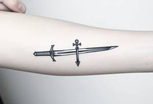 Two swords laying flat on each other with a decent design on them and with a cross or something on the handle of them I want the swords to be straight tattoo idea