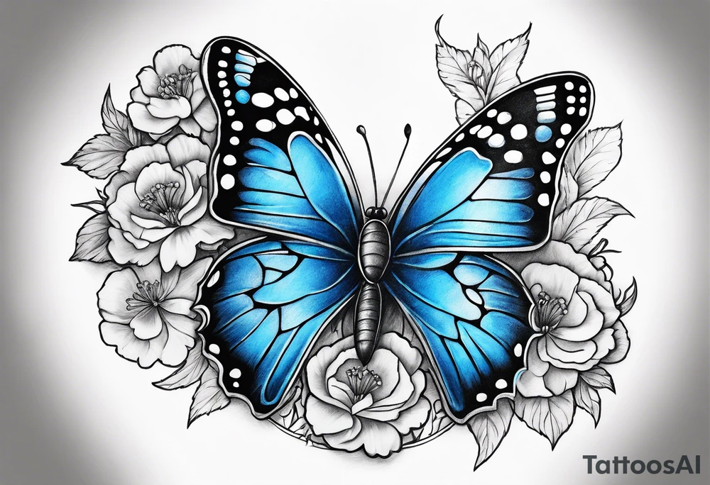 Blue butterfly full moon carnations tattoo idea