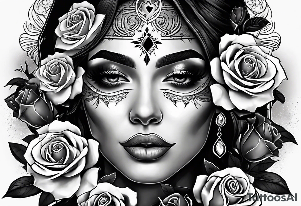 Hispanic/ Latin  woman  with half skull face , roses, loving heART, strength,  cancer zodiac sign  , time heals all tattoo idea