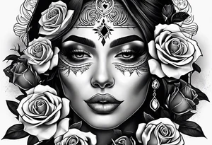Hispanic/ Latin  woman  with half skull face , roses, loving heART, strength,  cancer zodiac sign  , time heals all tattoo idea