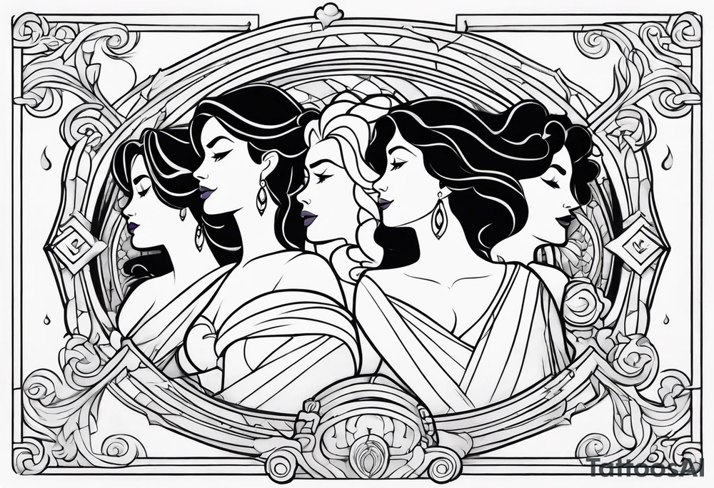 A silhouette  of the 
muses from the Disney movie Hercules surrounded by whimsical clouds tattoo idea