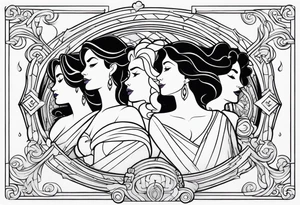 A silhouette  of the 
muses from the Disney movie Hercules surrounded by whimsical clouds tattoo idea