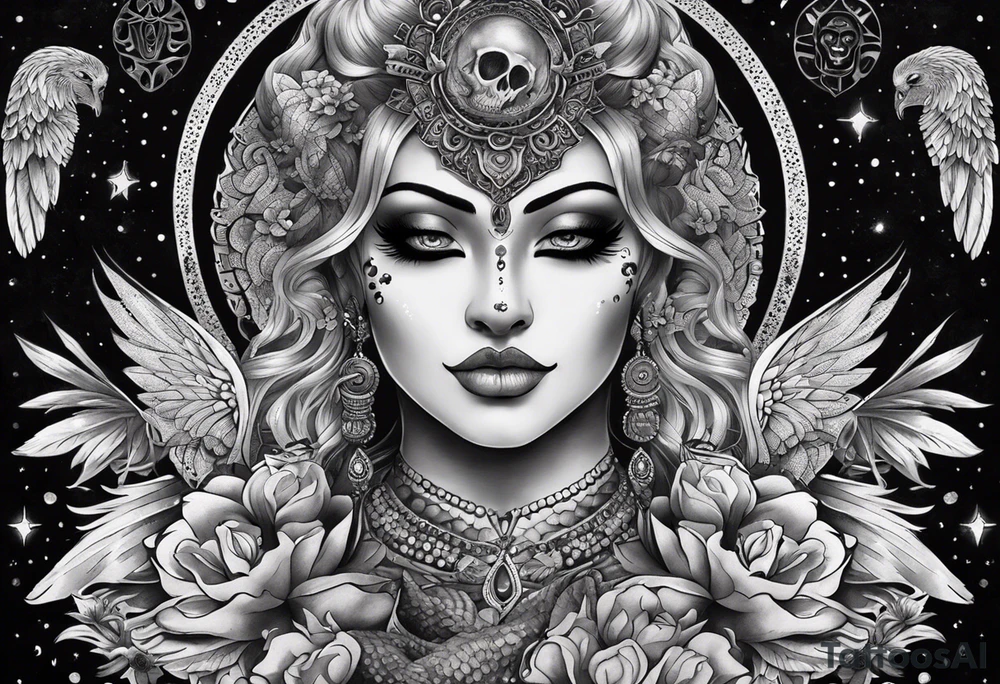 black kali, goddess pirate, alien, angel, pachamama, valkrye, warrior, flying, skull, lotus azul, wing, eagle, zenza resonance, stars, 5D, anahata chakra, death, durga, riding on a tiger, flying lady, kundalini, chest tatoo, samuri, rebel, serpent tattoo idea