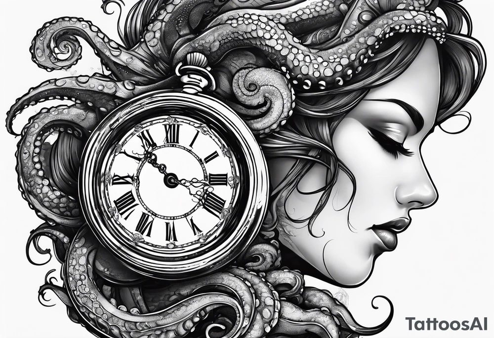 to be drawn in the arm, pocket watch wrapped under an aggressive octopus in side view tattoo idea