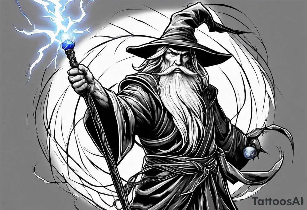Wizard controlling lightning with a staff with blue arc ball tattoo idea Wizard controlling lightning with a staff with blue arc ball tattoo idea