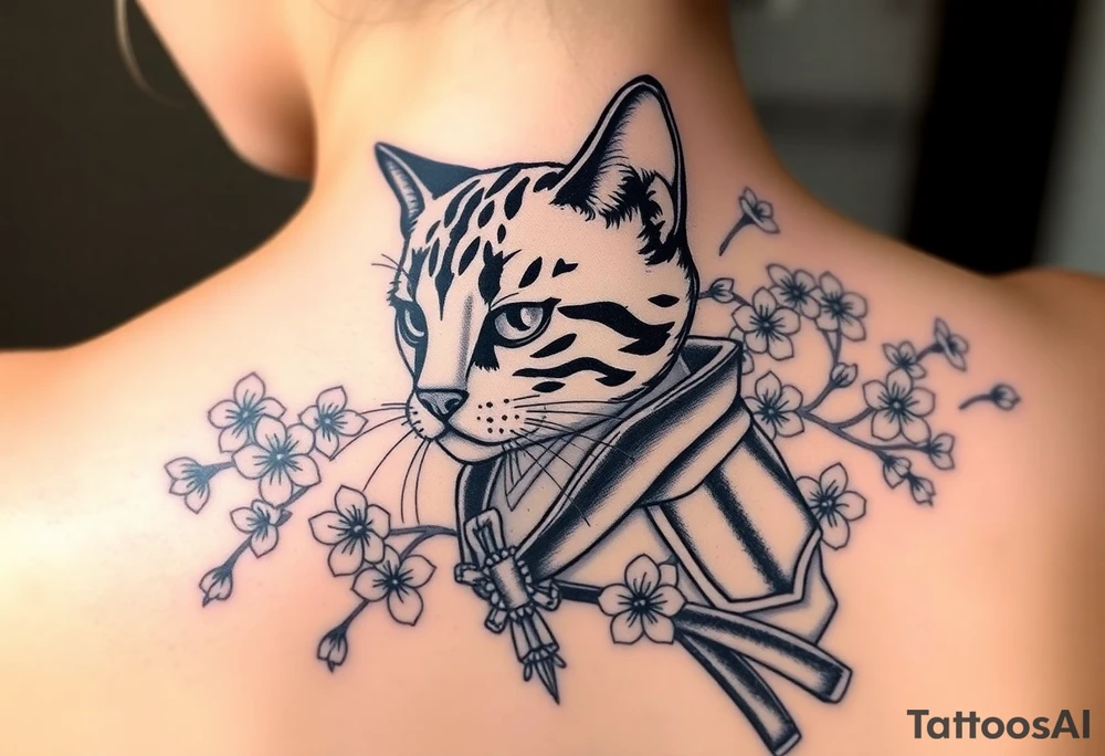 Bengal cat that’s missing one eye , dressed as a Japanese samurai warrior surrounded by cherry blossoms tattoo idea