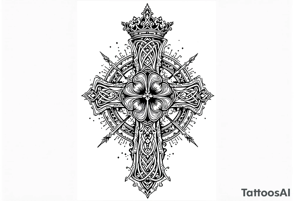 detailed irish celtic cross with a four leaf clover being surrounded by other celtic elements and a crown above the cross tattoo idea