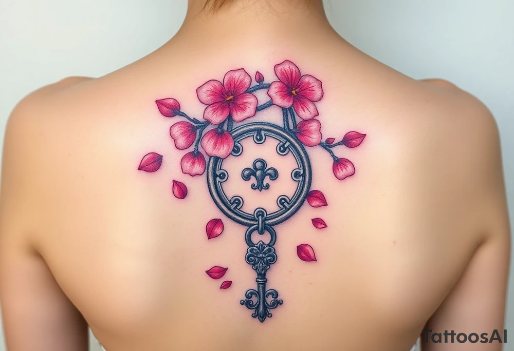 A cherry blossom lock with pink petals gently falling around it, with an intricately designed silver key resting below tattoo idea